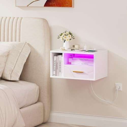 HaodaCulture LED-väggsängbord, sängbord, sidobord med laddningsstation, hängande nattduksbord, 16 RGB-LED-färger, 2 AC-uttag, 2 USB-portar, vit 46,5 x 30 x 25,5 cm