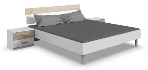 möbelando Bettanlage >Budapest< Modernes Bett Budapest (189x81x210 cm) inkl. 2 Nachtkommoden (52x40x38 cm) in Weiß mit Hickory-Oak Absetzung, höhenverstellbar, belastbar bis 160 kg.