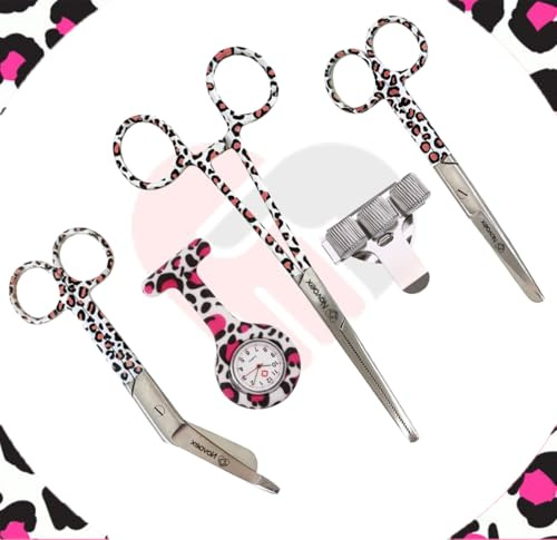 Kit de démarrage d'infirmière « Panthère rose » - 5 pièces - Ciseaux à pansements - Ensemble de ciseaux d'infirmière - Ciseaux de premiers soins - Ciseaux médicaux - Kocher - Cadeau d'infirmière