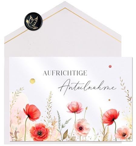 Joli Coon Premium Trauerkarte ELEGANT Mohnblumen, mit Umschlag | 300g Perlmuttpapier, Schimmereffekt, Goldveredelung, Fine-Art-Kuvert, Wachssiegel, für stille Anteilnahme