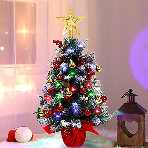 60cm Künstlicher Mini Weihnachtsbaum Klein mit Farbig LED Beleuchtung | Mini Tannenbaum Deko, Mit Baum Top Sterne & 12 Dekorationskugeln, Stabile Basis, Wiederverwendbar, für Living Room, Bedroom