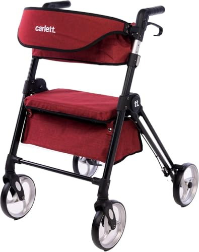 Carlett – Lett Ride Ruby | Déambulateur avec siège et dossier amovibles | Panier supérieur amovible | Guidon réglable sur 4 hauteurs | Porte-canne | Dispositif médical de classe I | Rouge rubis