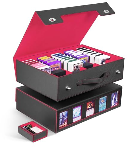 ZLCA Trading Card Storage Box 5-Row with Handle, MTG Storage Box Holds 3900+ Cards with Commander Display, Top Loaders Organizer Case for TCG PTCG Sport Card(Black&Red)