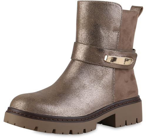 VAN HILL Damen Biker Boots Blockabsatz Schnallen Trendy Schuhe 217560 Gold 39