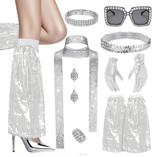 XPJBKC Disco Accessoires Damen, 8 Stück Discokugel Kostüm Accessoires mit Pailletten Schal, Sonnenbrille, Ohrringe, Armband, Stirnband, Beinstulpen, Gürtel, Gloves, Disco Outfit Damen 70er Glitzer