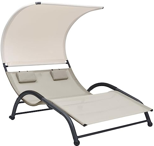Holamys Gartenliege für 2 Personen, cremefarben, Textilene-Doppelliege mit Sonnenschutz, ideal zum Entspannen im Außenbereich auf der Terrasse