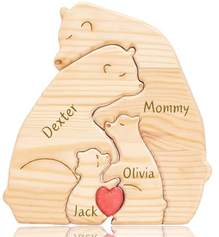 Personalisiertes Holzbär-Familienpuzzle, individuelles 2-8-Namen-Familien-Tierpuzzle, dekorative Geschenke für den Vatertag, Muttertag, Geburtstag, Jubiläum, Weihnachten (Umarmung)