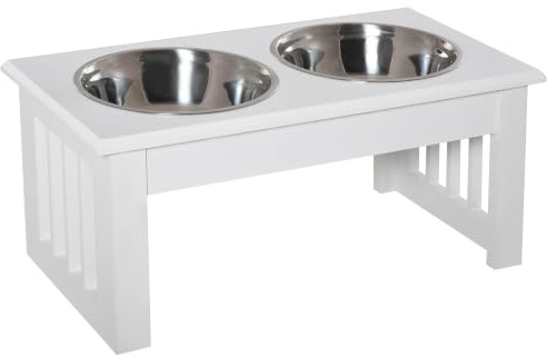 PawHut Erhöhter Hundenapf Hundebar für Mittlere Hunde 2x900ml Weiß | 2 Näpfe, Futternapf, Wassernapf, Edelstahlnäpfe, Fressnapf, Futterstation, Hundenäpfe, für Katzen