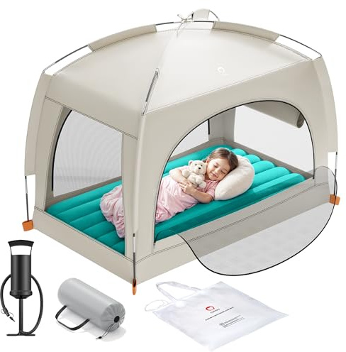 QPAU Aufblasbares Reisebett für Kleinkinder mit Zelt – Leichte Luftmatratze für Kinder mit Handpumpe – Tragbare Schlafgelegenheit für Innen- und Außenbereich, Camping, Reisen, Zuhause, Oma – Ab 3 Jahr