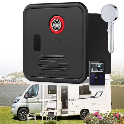 RV Tankless Water Heater, 55,000 BTU Electric Camper Tankless Water Heater Propane, 15x15″ On Demand Instant Hot Water Heater with Remote Control, DC 12V, Compatible with All RVs WithShowerHead-Black