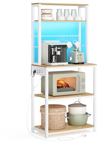 VASAGLE Estantería de Cocina con iluminación LED, estantería de pie con enchufes, Estante para microondas con estantes Ajustables, 8 Ganchos, 40 x 60 x 168,4 cm, Roble Dorado, Blanco Mate KKS049YA01 | BARNET KKS049YA01 - Estantería para microondas con estantes ajustables (8 ganchos, 40 x 60 x 168 cm)