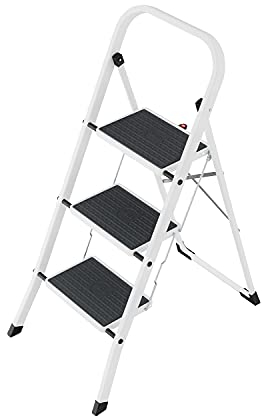 Hailo HobbyStep Stahl-Klapptritt-Leiter - 3 breite Stahl-Stufen mit Anti-Rutsch-Matten belastbar bis 150 kg - Trittleiter mit Klappsicherung - geriffelter ganzflächig aufstehender Steckfuß - weiß
