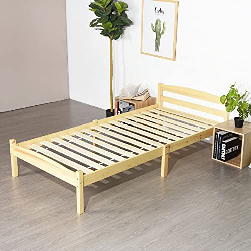 LiePu Lit Simple en Bois Massif avec Sommier en Lattes, Lit 1 Personne pour Enfants Adultes, 90 x 190 cm, Bois Naturel
