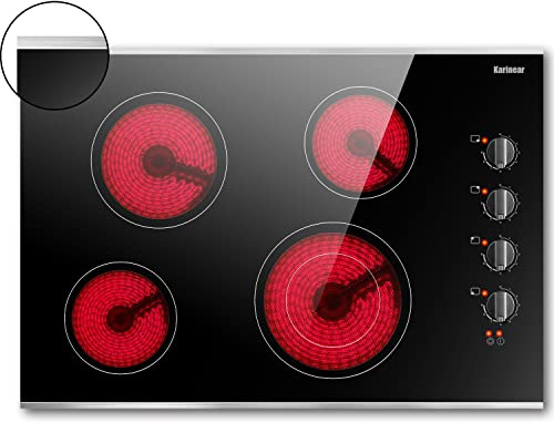 Karinear 30 Inch Electric Cooktop 4 Burners, Knob Control Built-in Ceramic Cooktop, 30 Radiant Electric Stove Top with Glass Protection Metal Frame,Hot Surface Indicator, 220-240v, Hard Wire, No Plug