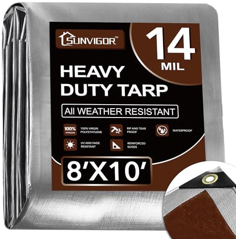 Sunvigor Tarp Waterproof 8x10Ft, Heavy Duty Tarp Cover Extra Thick 14 Mil Tear and UV Resistant, Outdoor Tarps with Grommets and Reinforced Edges for Roof, Camping, Patio, Pool, Boat (Silver/Brown)