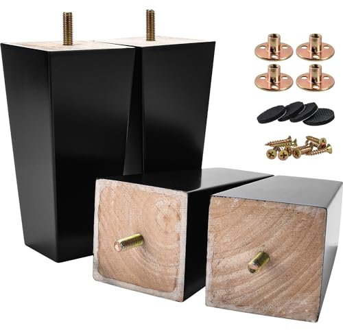 Btowin 8 inch / 20cm Solid Wood Furniture Legs, 4Pcs Black Mid-Century Modern Wooden Pyramid Replacement Feet Sofa Legs with Threaded M8 Hanger Bolts &Mounting Plate &Screws for Couch Chair