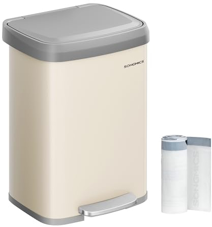 SONGMICS Kitchen Bin, 13 Gallon (50 L) Rubbish Bin, Metal Waste Pedal Bin with Lid, Tall and Large, Sand Beige and Dove Grey LTB530A02