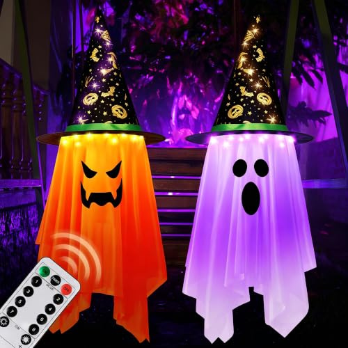Johiux Halloween Geister Deko Garten Outdoor,Hängelicht Deko Hexenhut | LED-Lichtern Glow Indoor Outdoor Dekorationen mit Fernbedienung ,Hängende Gespenster Deko Halloween Party Haus Bäume.