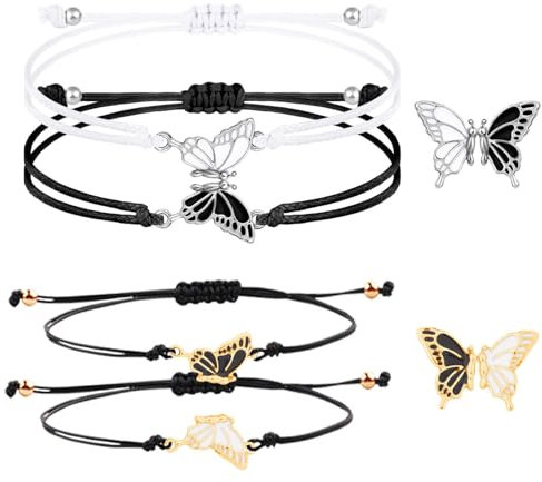 EnixwH 4 Stück Freundschaftsarmbänder, Damen Armbänder für Mädchen, Geflochten Freundschaft Armbänder Verstellbare Freundschaftsarmband, Schmetterlingsarmband für Damen Freunde (Schwarz Weiß)