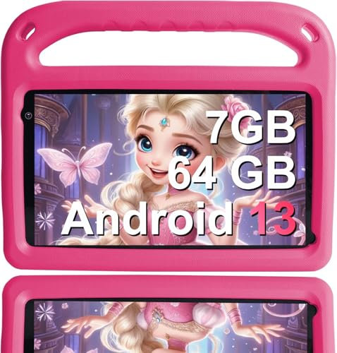 GOODTEL Tablet Android da 7 pollici｜Sistema Android da 7 GB + 64 GB di memoria｜Bluetooth｜GPS｜Doppia fotocamera ｜Giochi educativi｜ Gestione del tempo｜EVA Custodia antigoccia (Rosa)