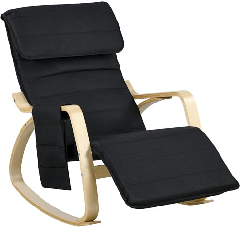 HOMCOM Silla mecedora sillón de lactancia reclinable con reposapiés ajustable, bolsillo lateral y reposacabezas, mecedora para dormitorio, 67 x 110 x 91 cm negro