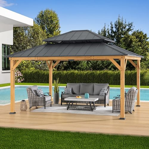 SUNJOY 3.9x4.5m Wood Hardtop Gazebo, Cedar Frame, 2-Tier Metal Roof, Snow & Wind Resistance, Outdoor Heavy Duty Permanent Pavilion for Patio, Garden, Deck Party