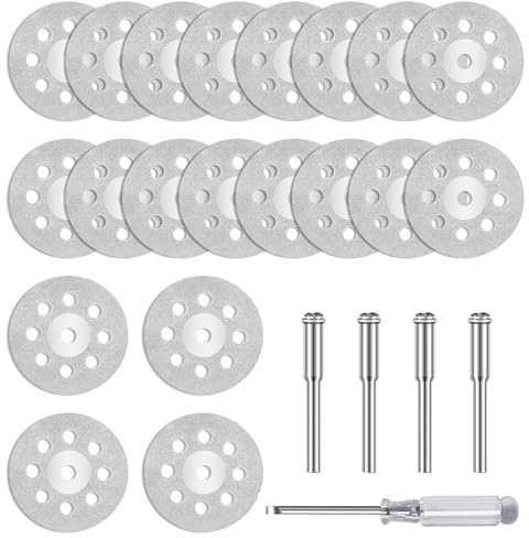 MISIQIMA 20 dischi diamantati Ø 22 mm per accessori Dremel | con 4 punte da 3 mm + cacciaviti | Mini dischi da taglio forati per pietra, vetro, piastrelle, legno