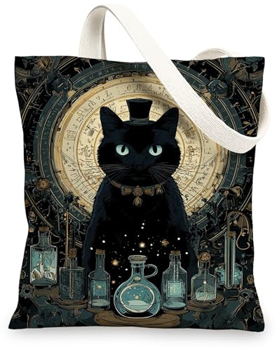 Borse tote in tela con gatto mistico, design gatto incantato, borse per la spesa riutilizzabili, gotico vintage, leggero, lavabile, spalla St, nero, 13x15 Inch