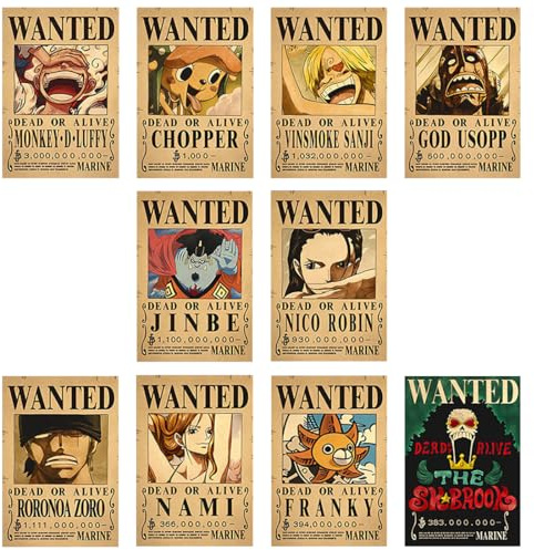 EIROVYA 10 Poster Anime Wanted,7,4 x 11,2 Pollici,Motivo Anime con Cappello di Paglia Pirati,Poster One Piece'o,Regali per Chi Ama Gli Anime