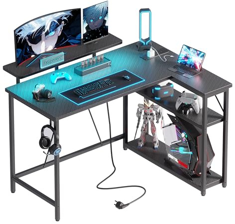 Xyphren 120 * 80 cm L-format gamingbord med RGB-LED-belysning och eluttag, litet datorbord med justerbara hyllor, hörnskrivbord för arbetsstationer, kolsvart