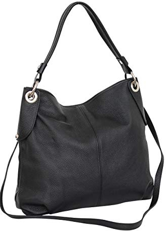AMBRA Moda Damen echt Ledertasche Handtasche Schultertasche Beutel Shopper Umhängtasche GL012 (Schwarz)