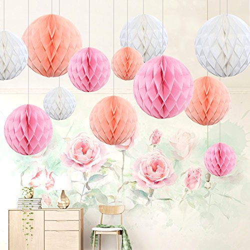 Himeland 12 Piezas Bolas de Nido de Abeja, Cumpleaños Decoracion, Comunion, Abanicos de Boda Decoración para Fiestas, Mesa Dulce, Ceremonia de Boda, Cumpleaños, Festividades-Rosa