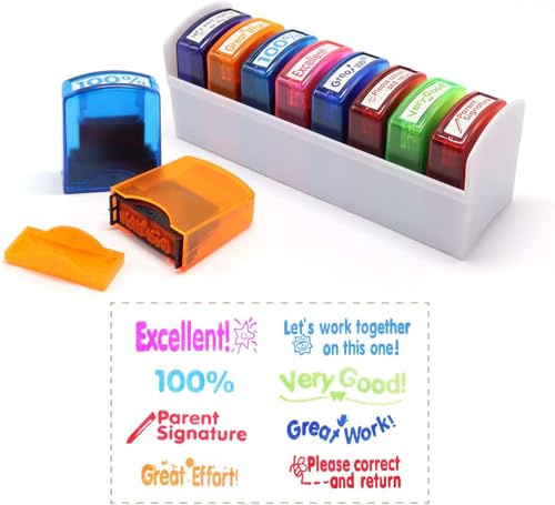 Färgglad självlysande motivation skola gradering lärare stämpel set och bricka 8 delar