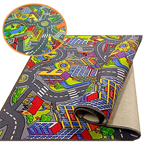 Kinderteppich Spielteppich Straßenteppich Stadt Kinderzimmer Häuser Auto Teppich für Jungen und Mädchen (100 x 150 cm)