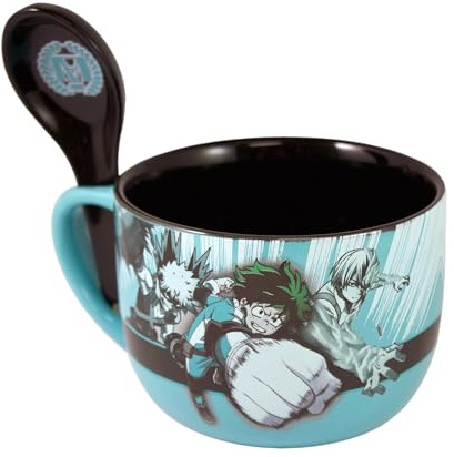 Just Funky My Hero Academia Ramen Suppe Reisschüssel aus Keramik mit Löffel, mit Deku, Bakugo und Todoroki (My Hero Academia 590 ml Schüssel)