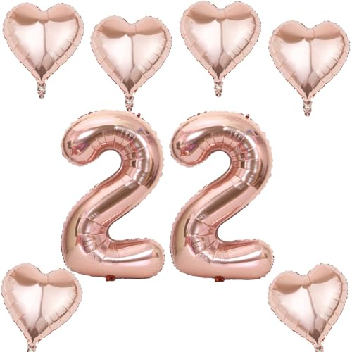 Pallone oro rosa numeri 22 +6 pezzi cuore palloncino elio 22 compleanno decorazione per le donne,40” pallone d'oro rosa gigante foil 22 per 22 compleanno decorazione, pallone elio numero 22