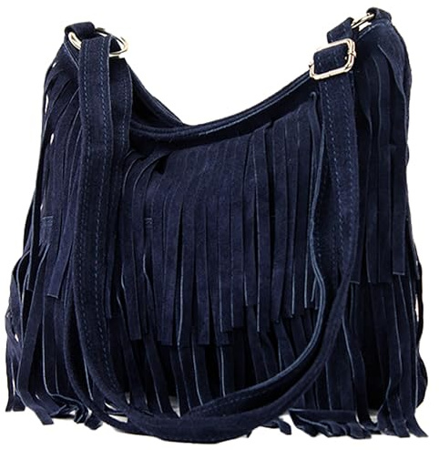 modamoda de - T125 - Bolso de hombro ital con flecos de ante, Azul Oscuro 2021, M