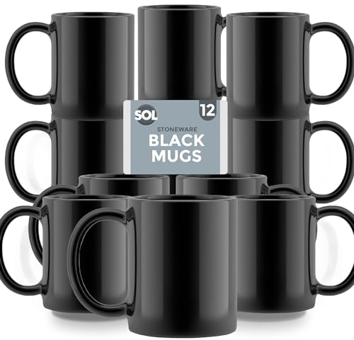 SOL 12pk Stoneware Black Mugs - 11oz Ceramic Cups for Tea & Coffee - Durable Drinkware for Home, Office, Café & Restaurant - Stackable Design - Safe for Hot Beverages, Dishwasher & Microwave Use