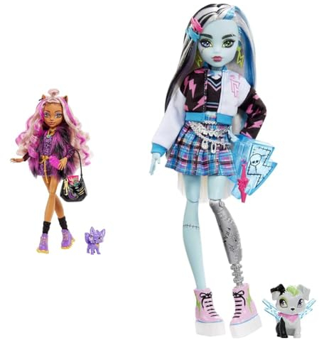 Monster High Mattel Clawdeen - Puppe mit Animal-Print-Pullover und schaurig-schönem Longsleeve-Top und goldenem Schmuck & Frankie Puppe - Elektrisierende Mode