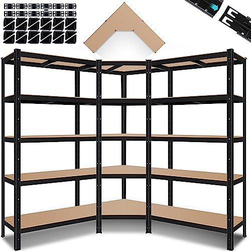 MASKO® 3er Set Regalsystem Metall Lagerregal 1x Eckregal & 2X Lagerregale 15 Böden | MDF-Platten Regal 2625 kg Werkstattregal Kellerregal Garage Schwerlastregal Steckregal, Schwarz