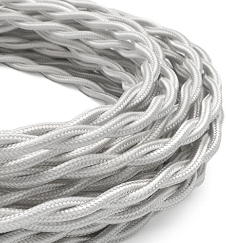 Amarcords - Câble électrique textile couleur BLANC, torsadé, soie, 5 mètres, à 2 brins 2x0,75 - Fil vintage en tissu coloré, pour lampes, lustres, appliques et abat-jours.