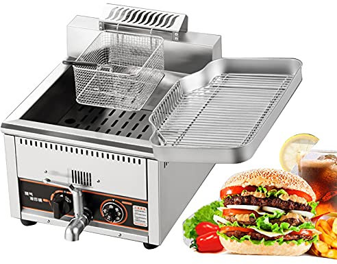 Friteuse à gaz professionnelle, friteuse commerciale en acier inoxydable avec panier et vanne de vidange d'huile pour frites restaurants supermarchés (15/18 litres)
