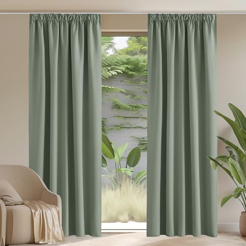 PONY DANCE Bedroom Blackout Thermal Curtains W66 X L90 - Extra Long Pencil Pleat Curtains Noise Reducing Drapes Home Decor Protection for Bedroom Living Room, 2 Panels, Sage Green
