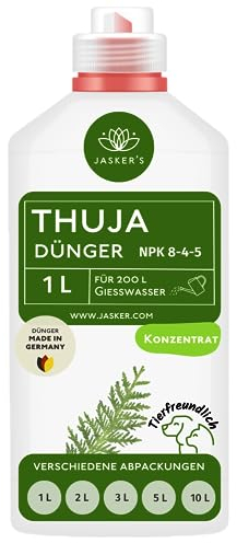 Thuja Dünger flüssig 10 Liter Konzentrat - Koniferen Dünger - Flüssigdünger für 2000 Liter Gießwasser - 100% Schnelldünger - Organischer Koniferendünger - Kalium Dünger für Thuja Smaragd
