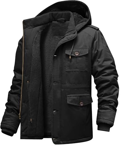 CHEXPEL Men's Winter Jackets with Removable Hood Fleece Lined Cotton Military Work Jackets Outerwear Coats with Pockets Black XL