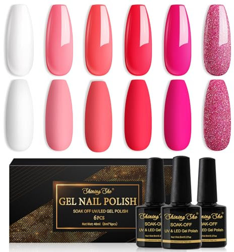 Shining She Gel Nail Polish, 6 Colors Pink Rose White Glitter Gel Polish Kit Soak-Off UV/LED Nail Polish Gel for Nail Art Salon DIY Home, 8ML