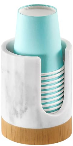 Luxspire Bathroom Cup Dispenser, 3oz Dixie Cup Dispenser, Marble Resin Dixie Cup Holder, Disposable Paper Cup Holder for Bathroom, Cotton Pad Holder, Guest Bathroom Essentials, Marble White