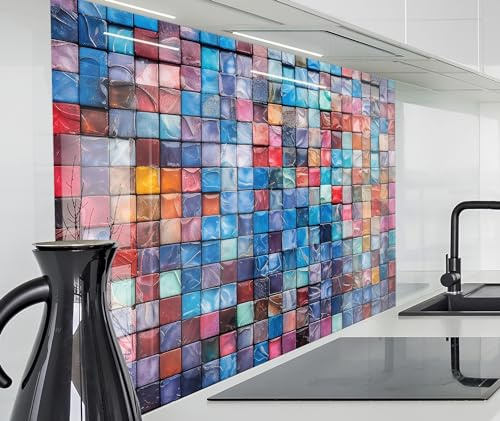 timalo Spritzschutz Wand für Herd, Küche Küchenrückwand Glasoptik | Acryl Glas 2mm | Glasrückwand Acrylglas Wandpaneele Rückwandschutz Platte | 60x40cm Kleine Bunte Mosaik Fliesen