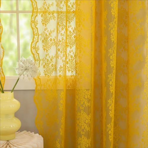 YJ Yanjun Rideaux de Cuisine bohème de 114,3 cm pour fenêtre sur évier - Motif Floral printanier Vintage - Petits Rideaux Courts pour Salle de Bain - 132 x 114 cm - Jaune Moutarde