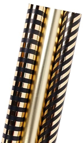 3 Rolle Hochwertiges Gold Schwarzer Geschenkpapier Geburtstag 43cm x 3m,Geschenkverpackung Papier für Geburtstag, Kindertag,Muttertag,Vatertag